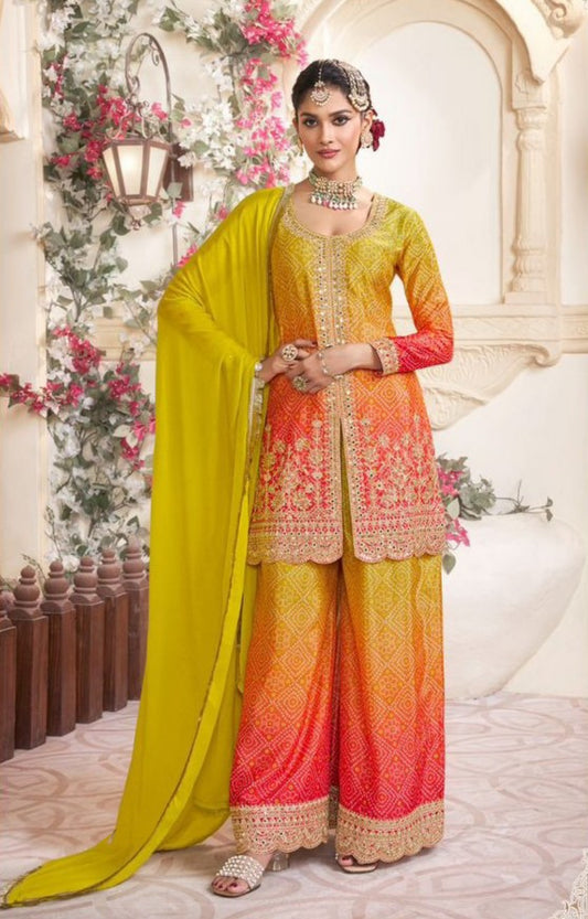 Women Yellow And Pink Chinon Silk Gharara-Bottom Suit Set