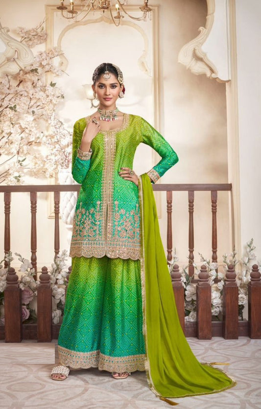 Women Green Chinon Silk Gharara-Bottom Suit Set