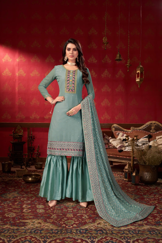 Enchanting Sea Blue Faux Georgette Gharara Bottom Suit Set