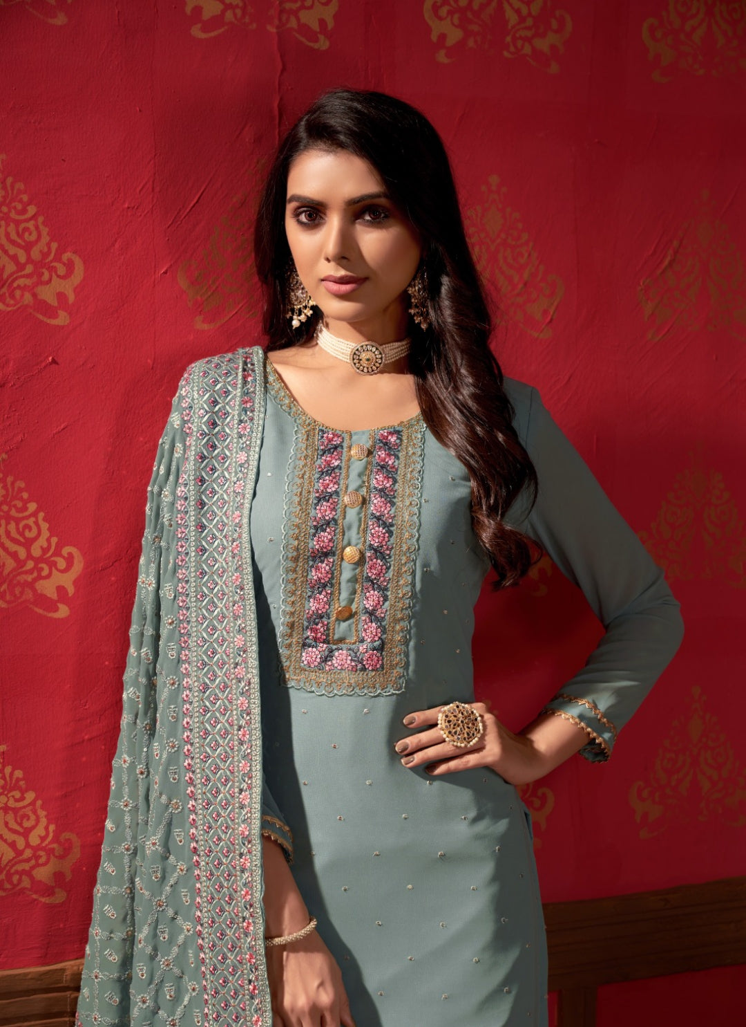 Enchanting Sea Blue Faux Georgette Gharara Bottom Suit Set