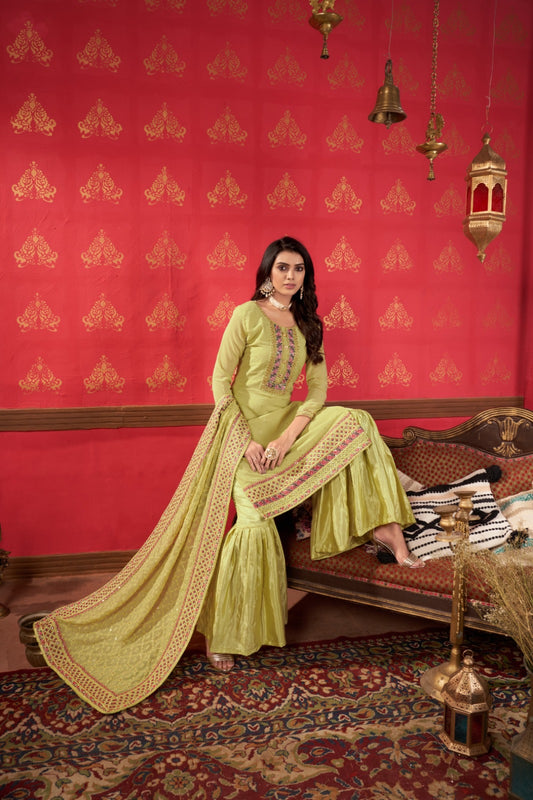 Effortless Light Yellow Faux Georgette Gharara Bottom Suit Set
