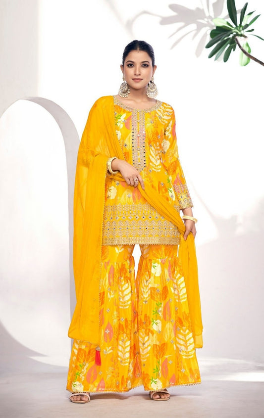 Immaculate Mustard Chinon Digital Print Gharara Suit Set