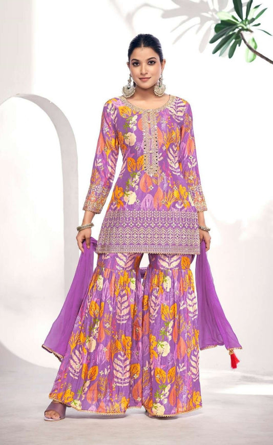 Vivid Light Purple Chinon Digital Print Gharara Suit Set