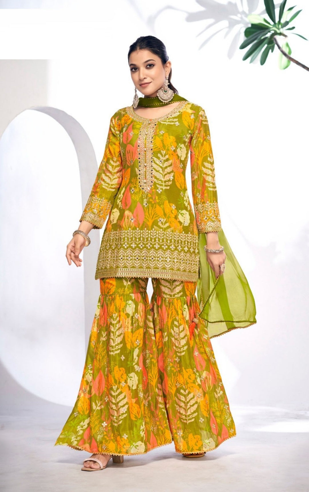 Enchanting Multi Green Chinon Digital Print Gharara Suit Set