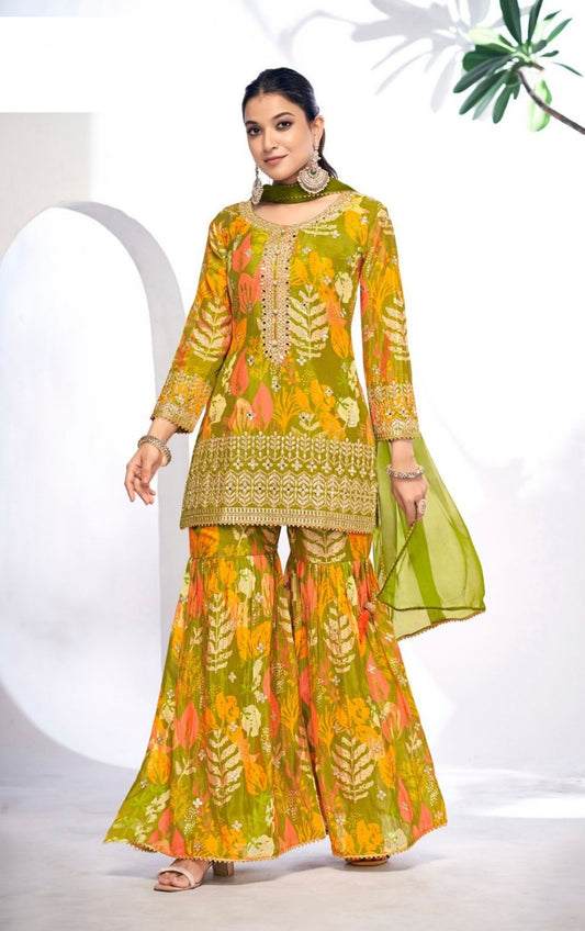 Enchanting Multi Green Chinon Digital Print Gharara Suit Set