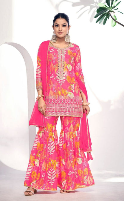 Sumptuous Pink Chinon Digital Print Gharara Suit Set
