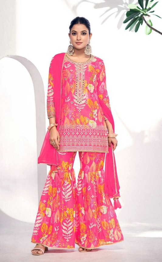 Sumptuous Pink Chinon Digital Print Gharara Suit Set