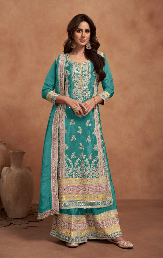 Contemporary Blue Simar Silk Palazzo Suit Set