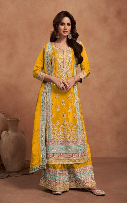 Gleaming Yellow Simar Silk Palazzo Suit Set