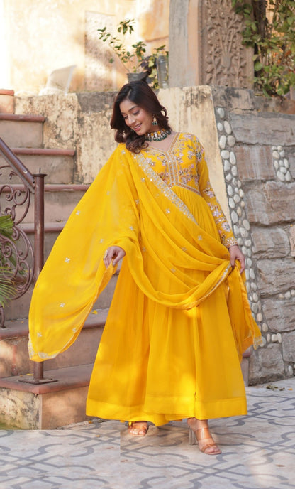 Women Yellow Georgette Embroidery Work Gown With Dupatta
