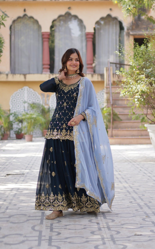 Dazzling Black Georgette Embroidery Work Sharara Suit Set