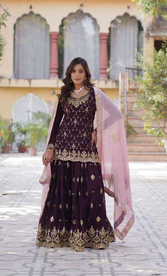Flawless Dark Purple Georgette Embroidery Work Sharara Suit Set