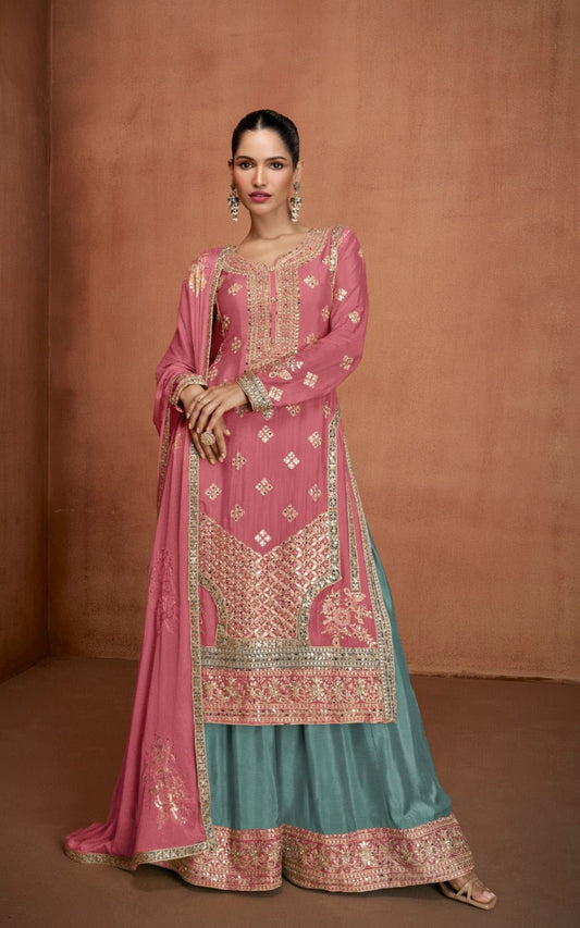 Comfy Pink Chinon With Embroidery Work Palazzo Suit Set