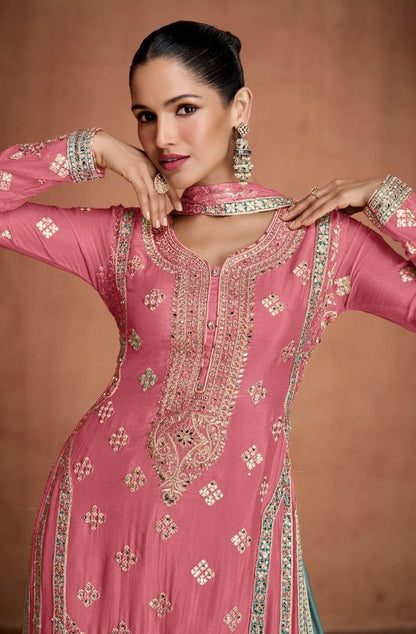 Comfy Pink Chinon With Embroidery Work Palazzo Suit Set