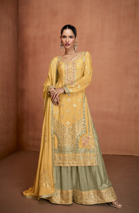 Magnificent Yellow Chinon With Embroidery Work Palazzo Suit Set