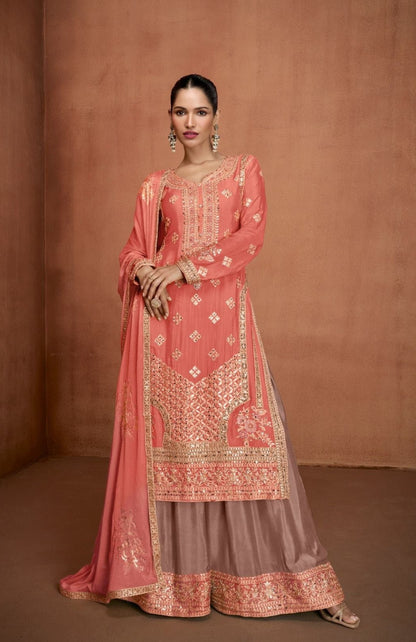 Chic Coral Chinon With Embroidery Work Palazzo Suit Set