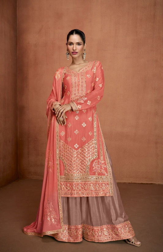 Chic Coral Chinon With Embroidery Work Palazzo Suit Set