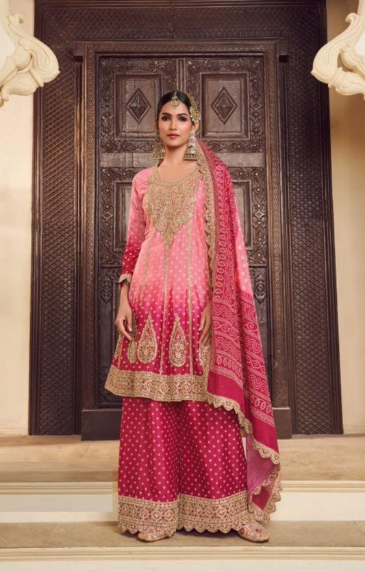 Women Pink Chinon Silk With Embroidery Work Palazzo Suit Set
