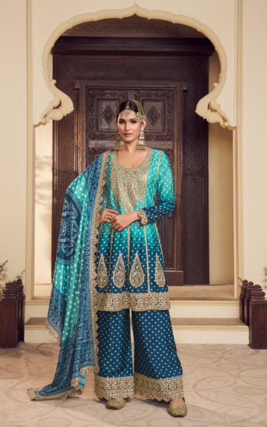 Women Teal Chinon Silk With Embroidery Work Palazzo Suit Set