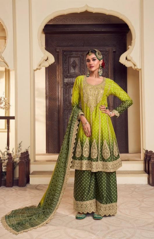 Women Green Chinon Silk With Embroidery Work Palazzo Suit Set