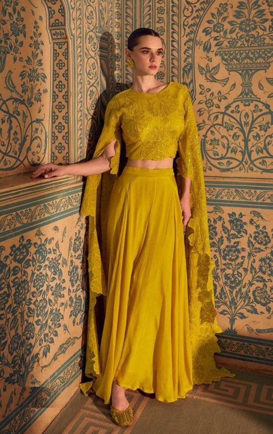 Captivating Mustard Chinon Silk Indo Western