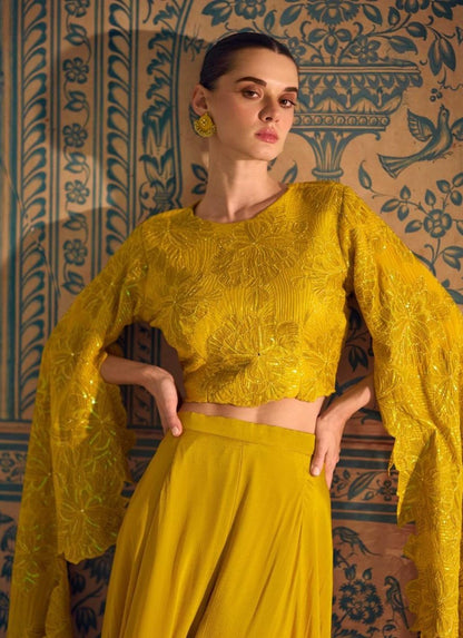 Captivating Mustard Chinon Silk Indo Western