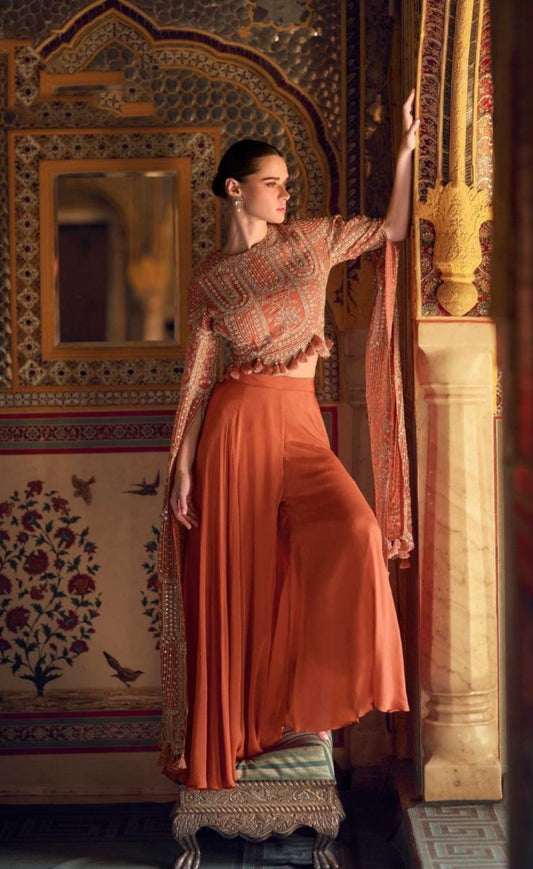 Charming Rust Chinon Silk Indo Western
