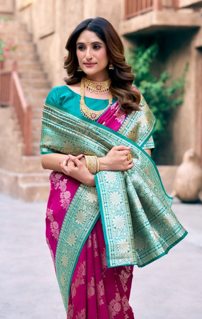 Women Pink And Teal  Soft Silk Saree