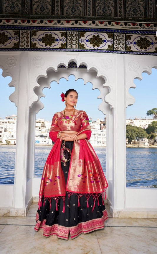 Trendy Black And Pink Jacquard Silk Paithani Silk Lehenga