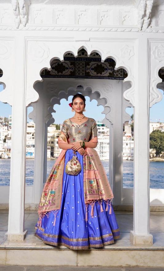 Dazzling Blue And Grey Jacquard Silk Paithani Silk Lehenga