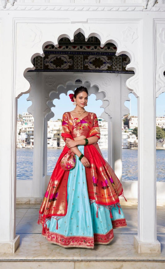 Glamorous Sky Blue And Red Jacquard Silk Paithani Silk Lehenga