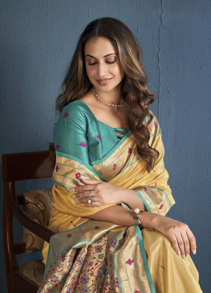 Women Peach And Teal Soft Tissue Paithani Silk Saree