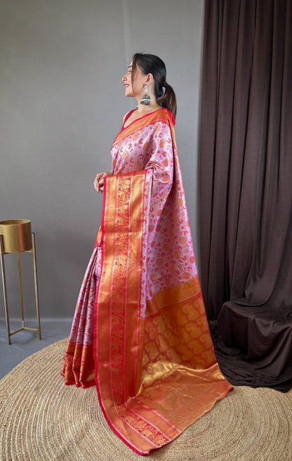 Women Light Purple And Red Kanjivaram Silk  Saree