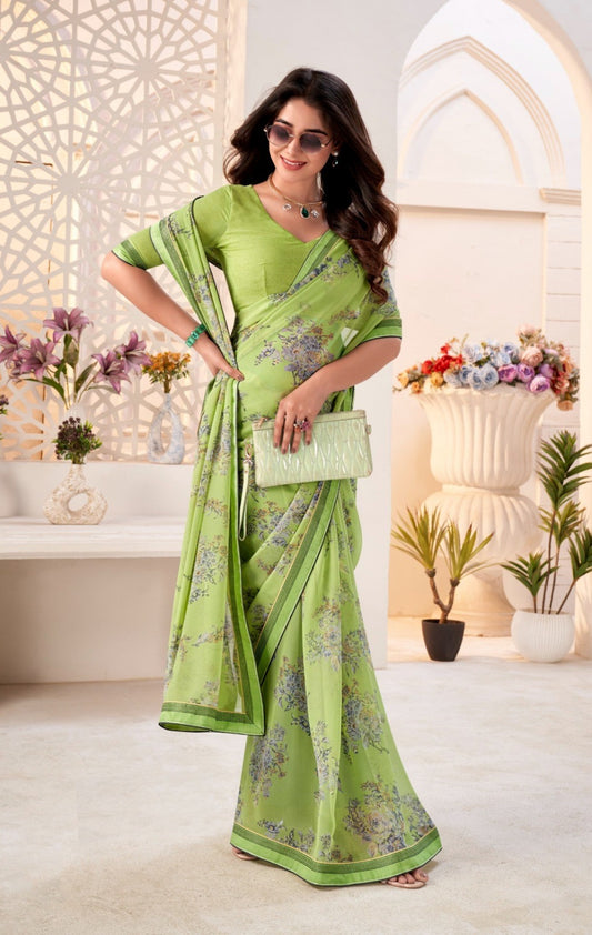 Women Pista Green Georgette Vibrant Saree