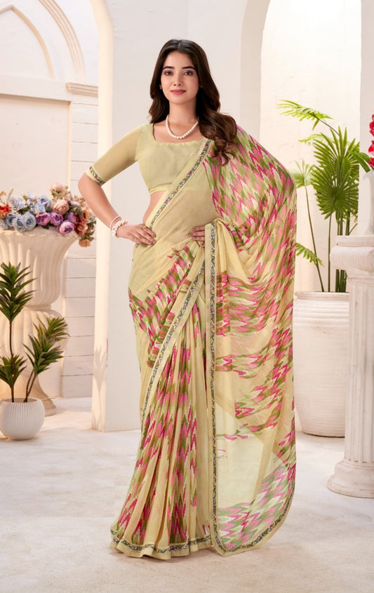 Women Cream Georgette Vibrant Saree