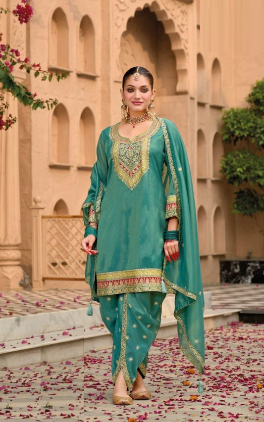 Women Rama Green Shimmer Dhoti Pant Suit Set