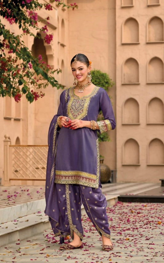 Women Purple Shimmer Dhoti Pant Suit Set