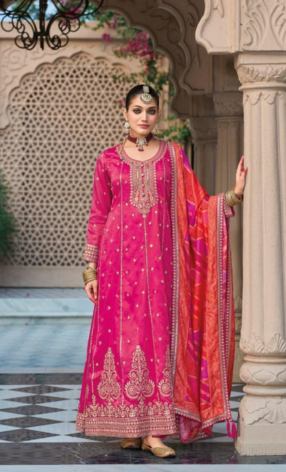 Luxe Rani Pink Heavy Shimmer Gown With Dupatta