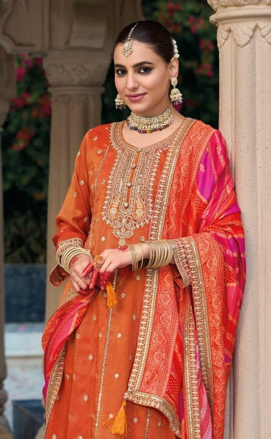 Immaculate Orange Heavy Shimmer Gown With Dupatta