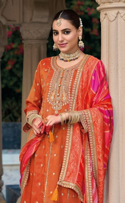 Immaculate Orange Heavy Shimmer Gown With Dupatta
