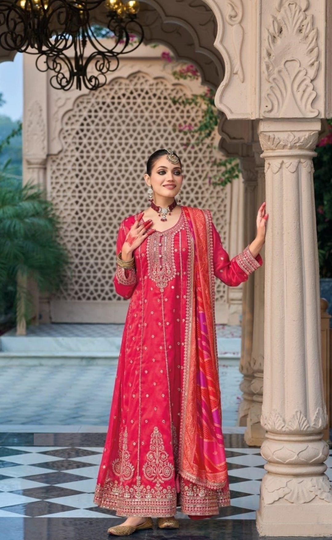Vivid Pink Heavy Shimmer Gown With Dupatta