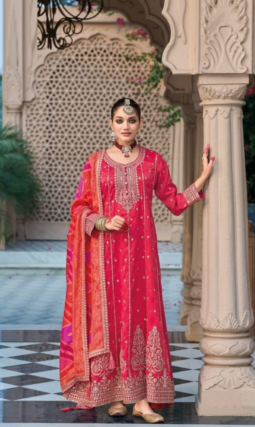Vivid Pink Heavy Shimmer Gown With Dupatta