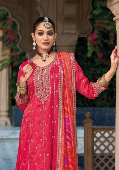 Vivid Pink Heavy Shimmer Gown With Dupatta