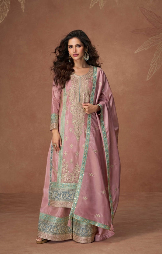 Breathtaking Light Pink Organza Shimmer Silk Palazzo Suit Set