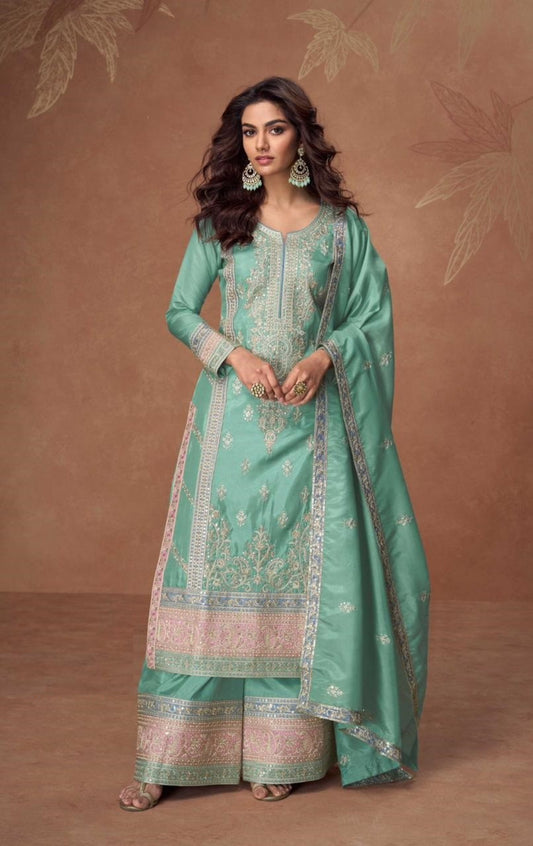 Gleaming Sky Blue Organza Shimmer Silk Palazzo Suit Set