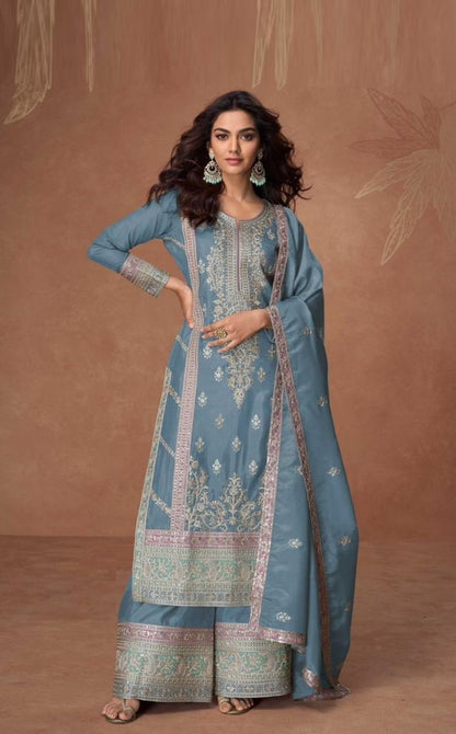 Opalescent Steel Blue Organza Shimmer Silk Palazzo Suit Set