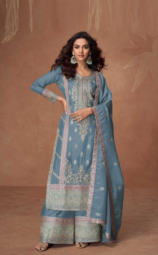 Opalescent Steel Blue Organza Shimmer Silk Palazzo Suit Set