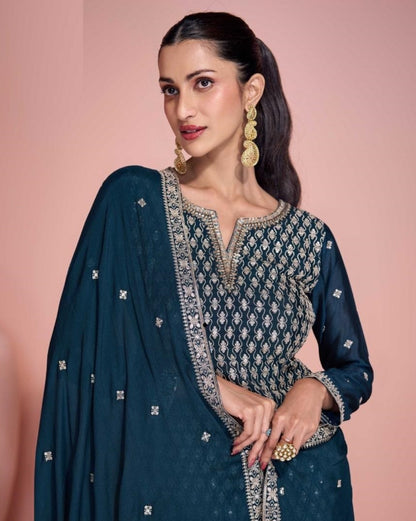 Stunnig Dark Teal Chinon Silk Sharara-Bottom Suit Set