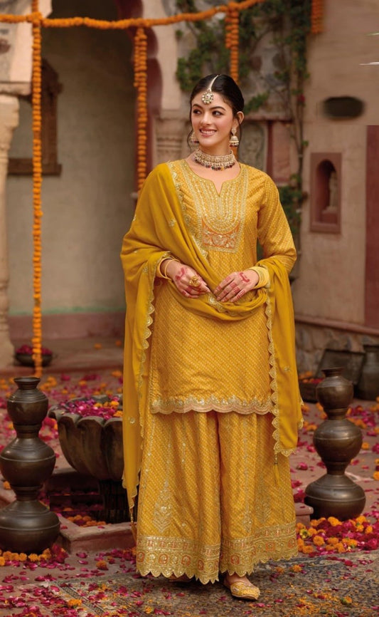 Understated Mustard Digital Print  With Embroidery Work Palazzo Suit Set