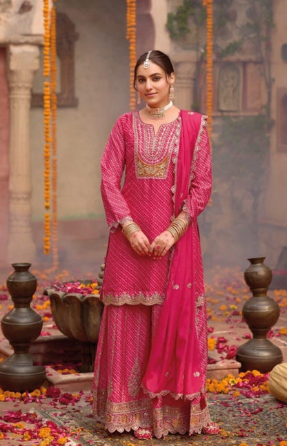 Alluring Pink Digital Print  With Embroidery Work Palazzo Suit Set